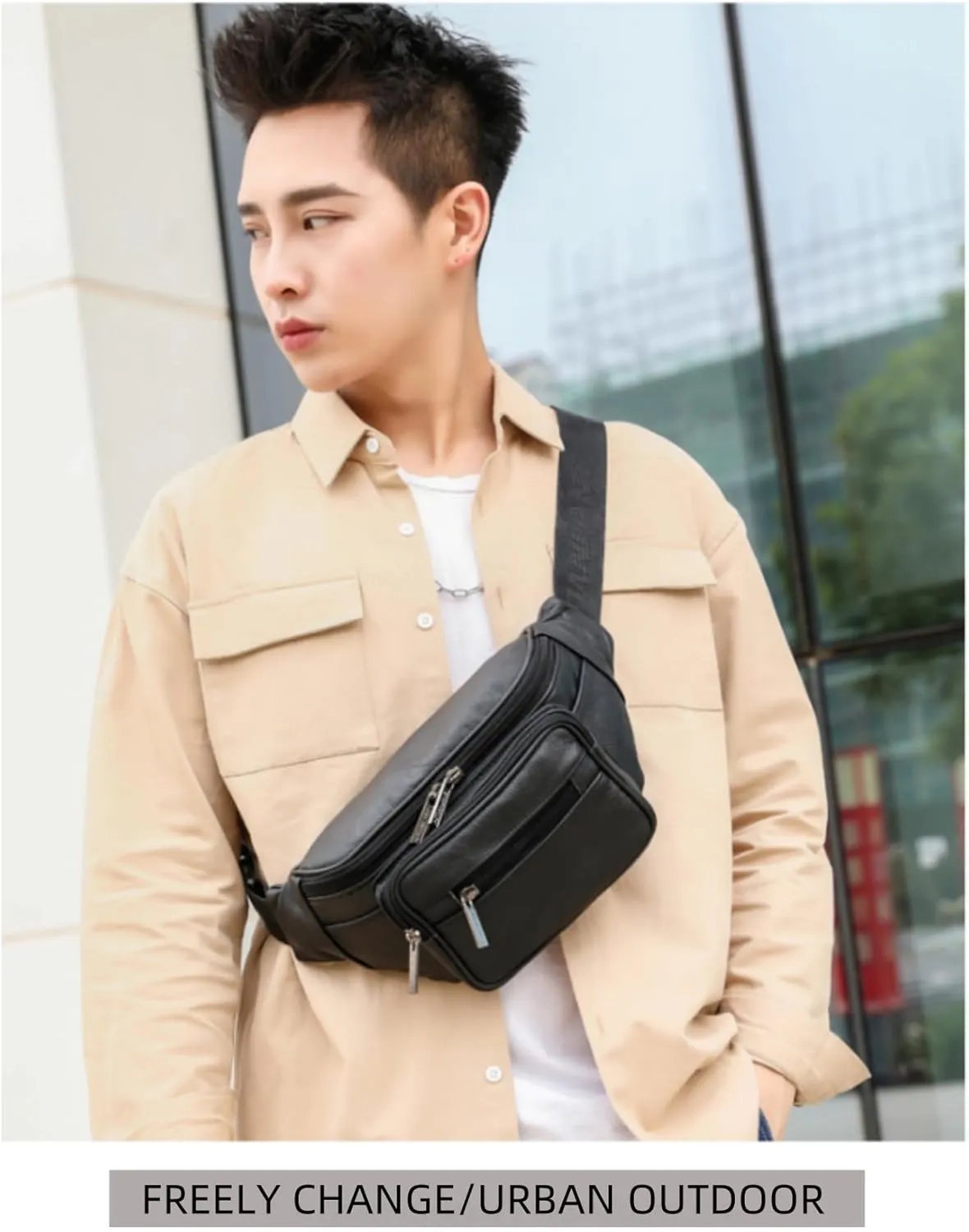 leather Fanny pack, Outdoor travel waist Pack Cowhide Leather Large Size 2 Pockets waist bag.Suitable for outdoor mountaineering, travel, camping, cycling, running, etc.black-E