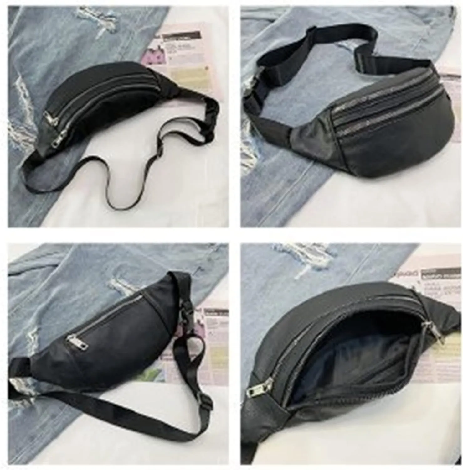 leather Fanny pack, Outdoor travel waist Pack Cowhide Leather Large Size 2 Pockets waist bag.Suitable for outdoor mountaineering, travel, camping, cycling, running, etc.black-F
