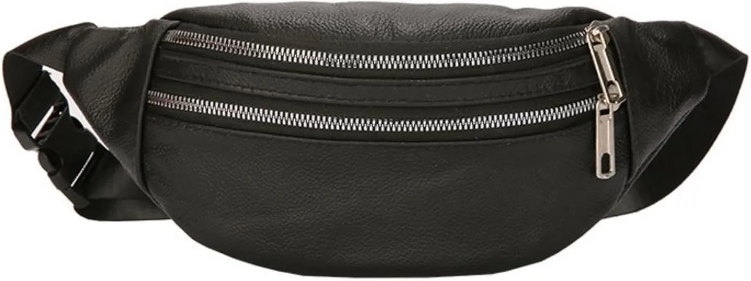 leather Fanny pack, Outdoor travel waist Pack Cowhide Leather Large Size 2 Pockets waist bag.Suitable for outdoor mountaineering, travel, camping, cycling, running, etc.black-F