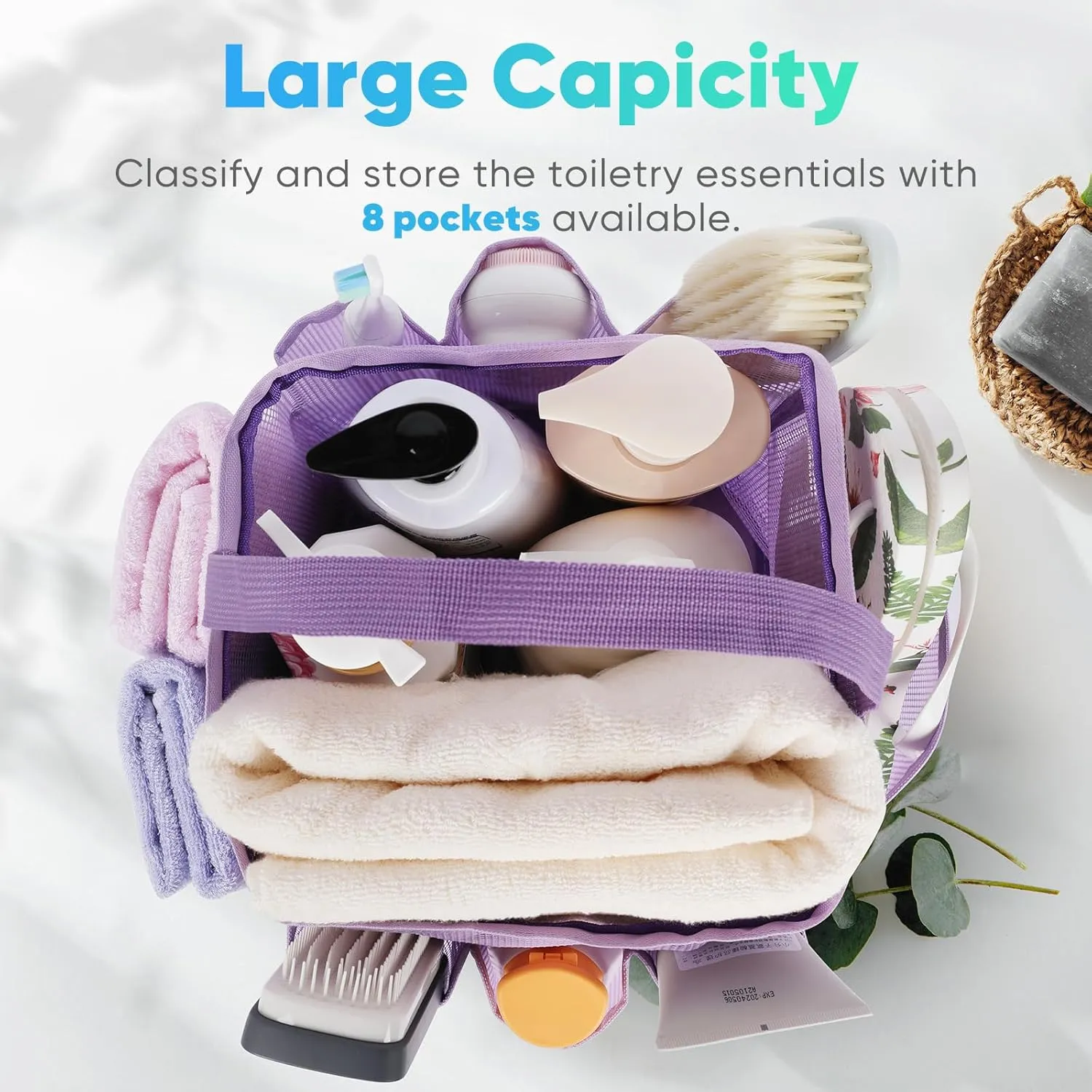 Mesh Shower Caddy Portable for College Dorm Room Essentials,Portable Shower Caddy Dorm with 8-Pocket Large Capacity, Shower Bag for Beach, Swimming, Gym-Purple