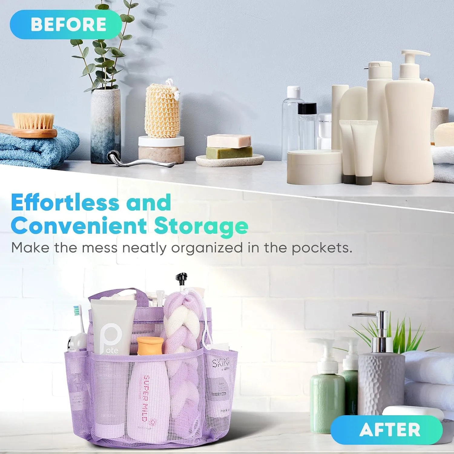 Mesh Shower Caddy Portable for College Dorm Room Essentials,Portable Shower Caddy Dorm with 8-Pocket Large Capacity, Shower Bag for Beach, Swimming, Gym-Purple