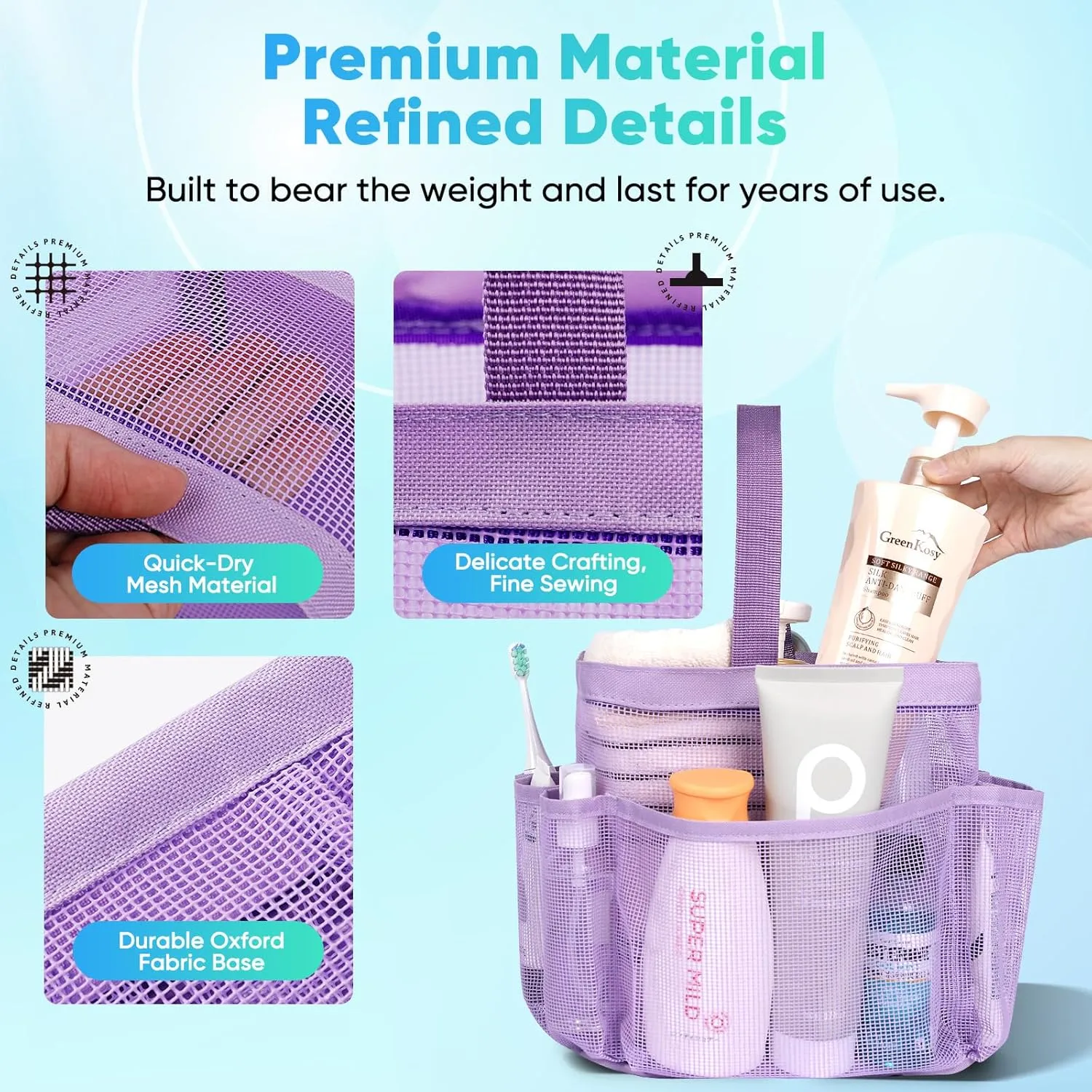 Mesh Shower Caddy Portable for College Dorm Room Essentials,Portable Shower Caddy Dorm with 8-Pocket Large Capacity, Shower Bag for Beach, Swimming, Gym-Purple