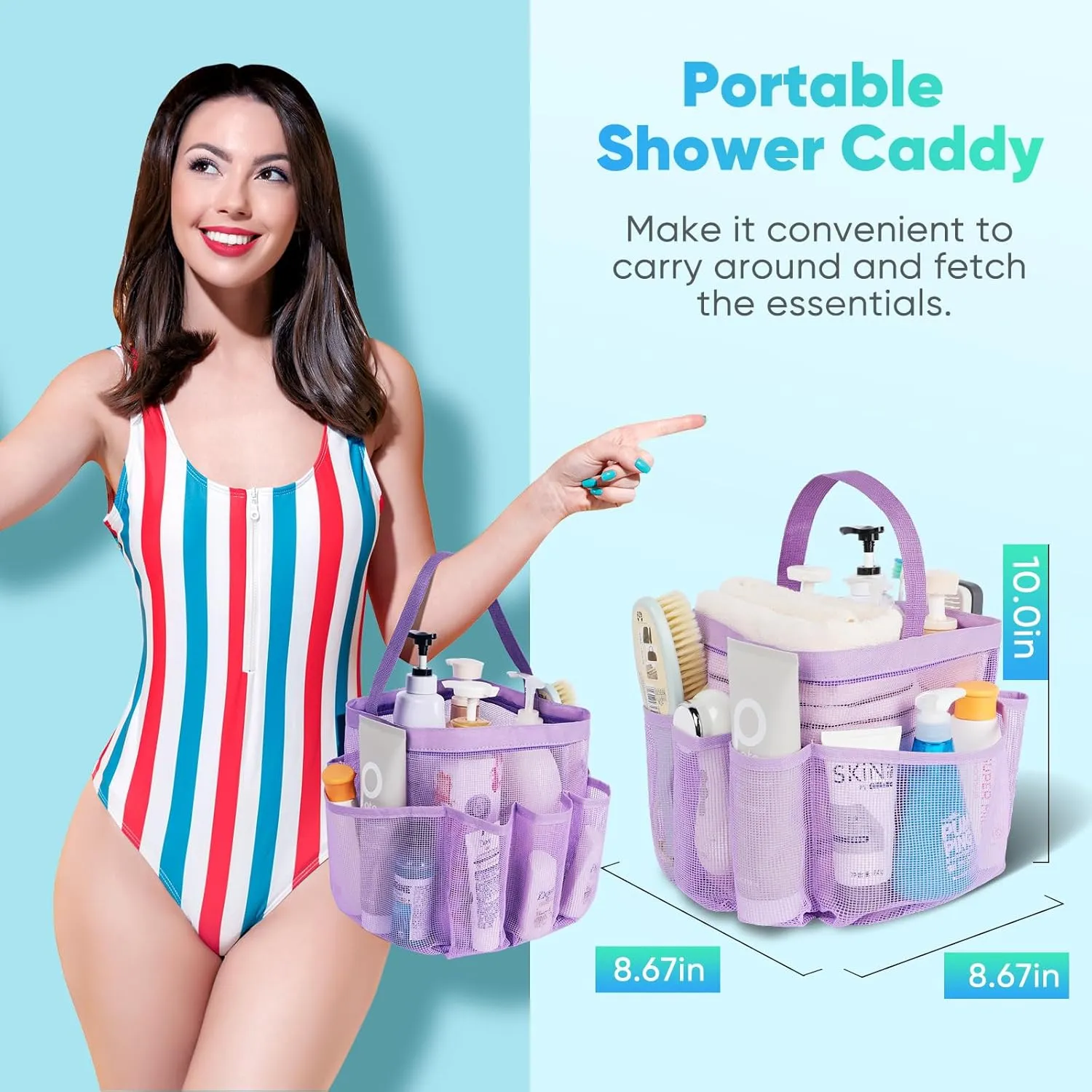 Mesh Shower Caddy Portable for College Dorm Room Essentials,Portable Shower Caddy Dorm with 8-Pocket Large Capacity, Shower Bag for Beach, Swimming, Gym-Purple