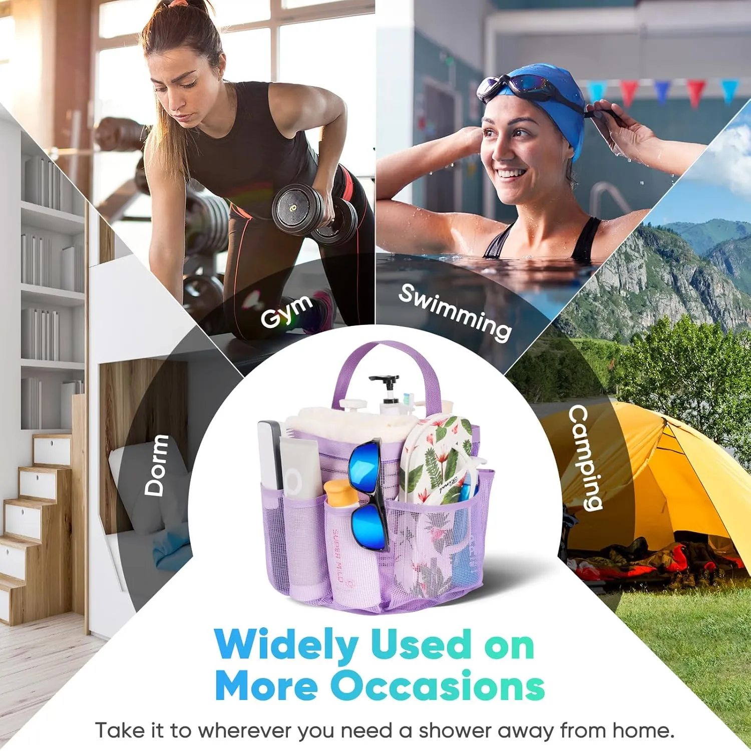 Mesh Shower Caddy Portable for College Dorm Room Essentials,Portable Shower Caddy Dorm with 8-Pocket Large Capacity, Shower Bag for Beach, Swimming, Gym-Purple
