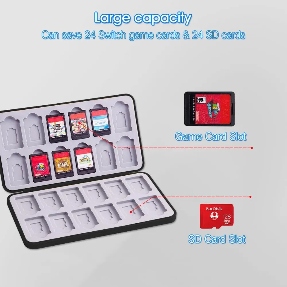 PERFECTSIGHT Switch Game Card Case, Black 24 Switch Game Holder for Nintendo Switch Lite/ OLED Cartridge Case with Game & Micro SD Card Slots