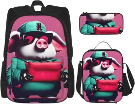 Piggy Print Pencil Case Lightweight Casual Fashion Backpack Lunch Bag Large Capacity Travel Bag