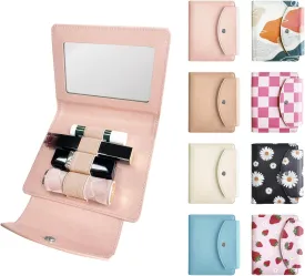 PU Lipstick Case Holder with Mirror Holds 4pcs of Long Lipsticks Lipstick Holder Makeup Travel Cases Organizer Bag for Outside Mini Bag Pouch for Gift Women