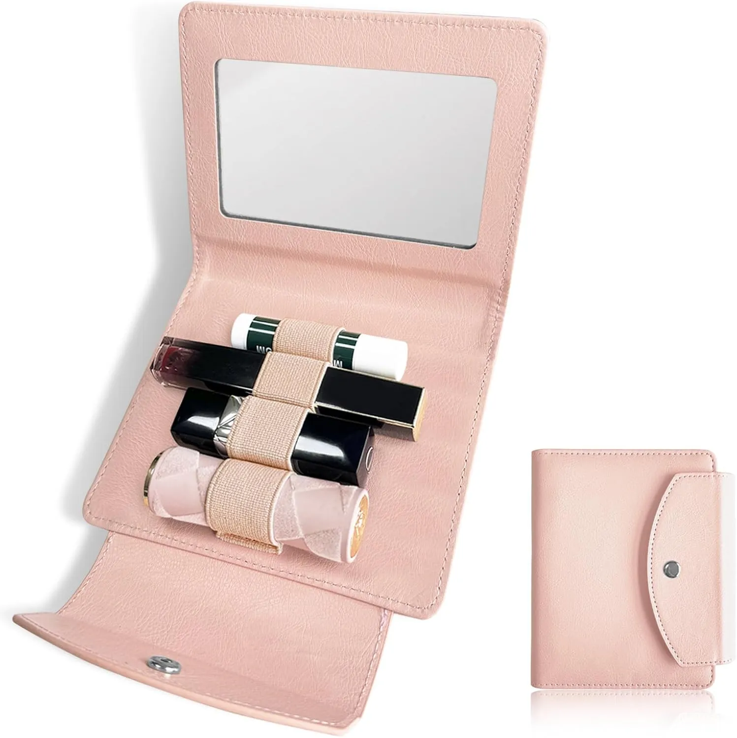 PU Lipstick Case Holder with Mirror Holds 4pcs of Long Lipsticks Lipstick Holder Makeup Travel Cases Organizer Bag for Outside Mini Bag Pouch for Gift Women