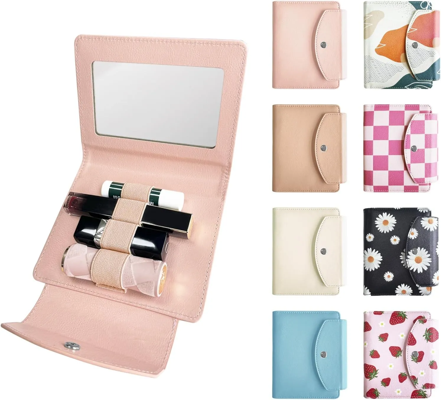 PU Lipstick Case Holder with Mirror Holds 4pcs of Long Lipsticks Lipstick Holder Makeup Travel Cases Organizer Bag for Outside Mini Bag Pouch for Gift Women
