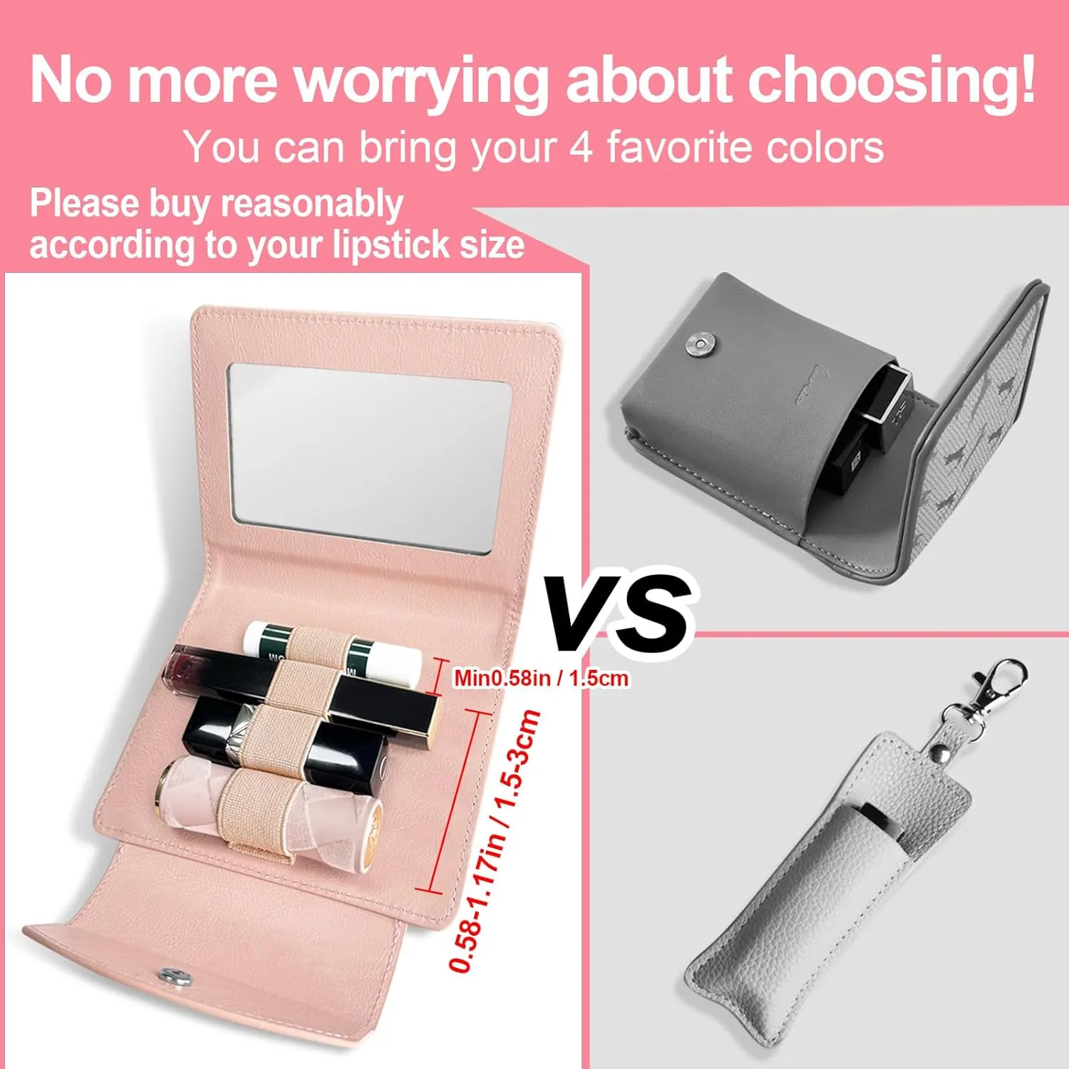 PU Lipstick Case Holder with Mirror Holds 4pcs of Long Lipsticks Lipstick Holder Makeup Travel Cases Organizer Bag for Outside Mini Bag Pouch for Gift Women