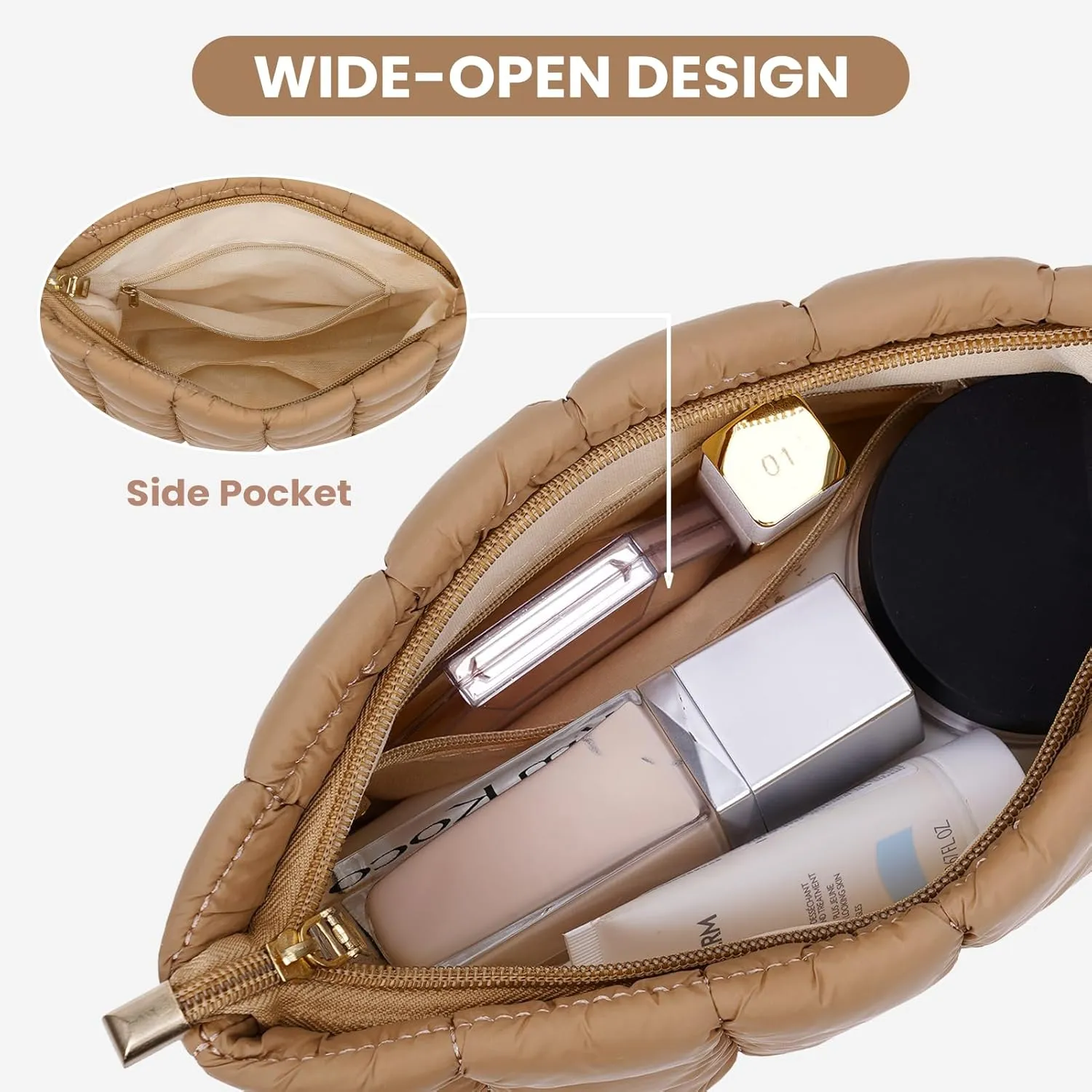 Puffy Quilted Makeup Bag Cosmetic Bags Travel Cute Puffer Solid Toiletry Organizer Pouch Storage Clutch for Women