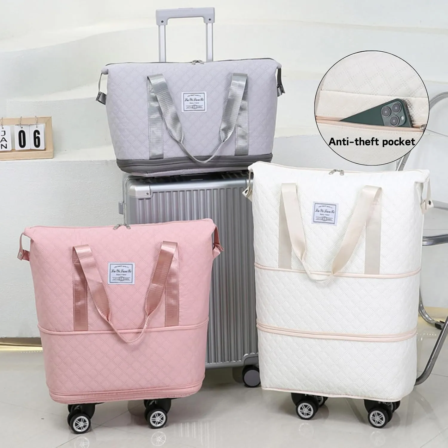 Rolling Duffle Bag with Wheels, Expandable Travel Duffel Bag with Detachable Spinner Wheels & Wet Pocket, Large Waterproof Travel Tote Bags Carry On Overnight Bag Hospital Bag Pink