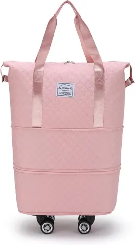 Rolling Duffle Bag with Wheels, Expandable Travel Duffel Bag with Detachable Spinner Wheels & Wet Pocket, Large Waterproof Travel Tote Bags Carry On Overnight Bag Hospital Bag Pink