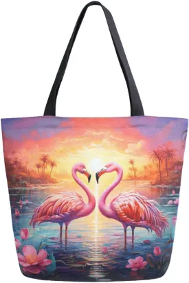 Shoulder Bag for Women Canvas Tote Bag Flamingos in Lotus Pond Handbags for Mom Sister Teacher Friend