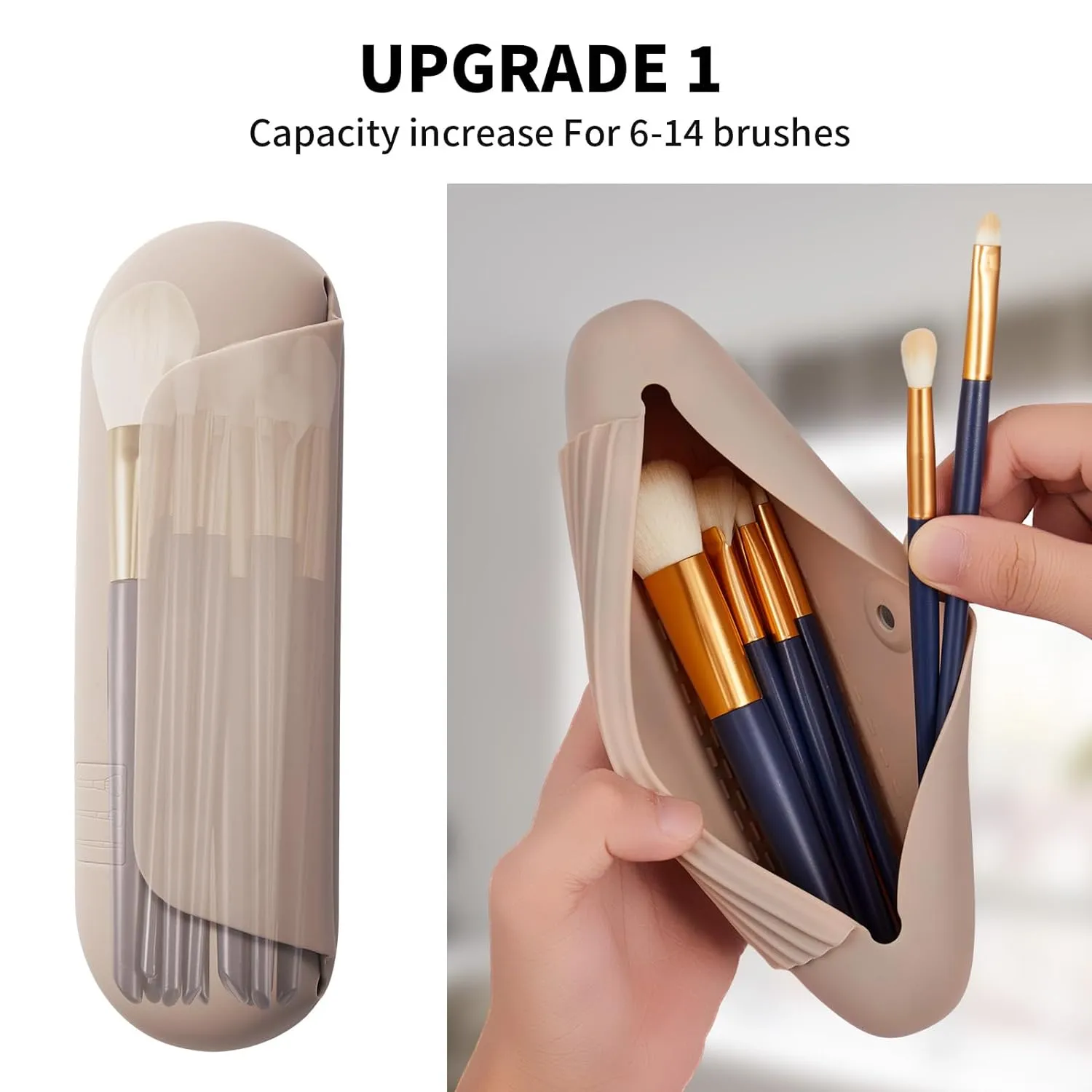 Silicone Makeup Brush Holder Travel Cosmetic BagSoft Portable Cosmetic Face Brushes Holder with Upgrade Anti-Fall Out Magnetic Closure, Large Travel Makeup Brush Case - Walnut