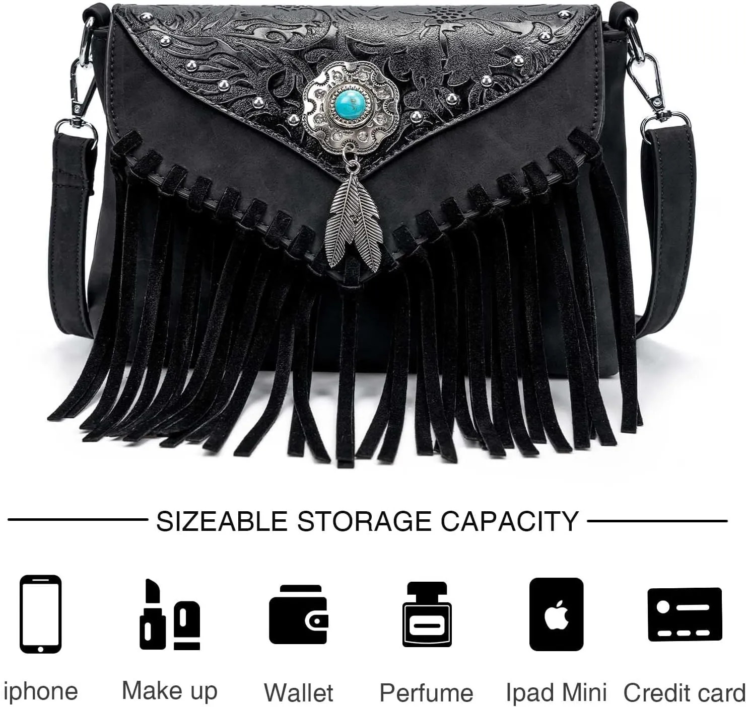 Small Crossbody Bags for Women Crossbody Handbag Fringe Purse Tassel Shoulder Bag Turquoise Concho Wallet