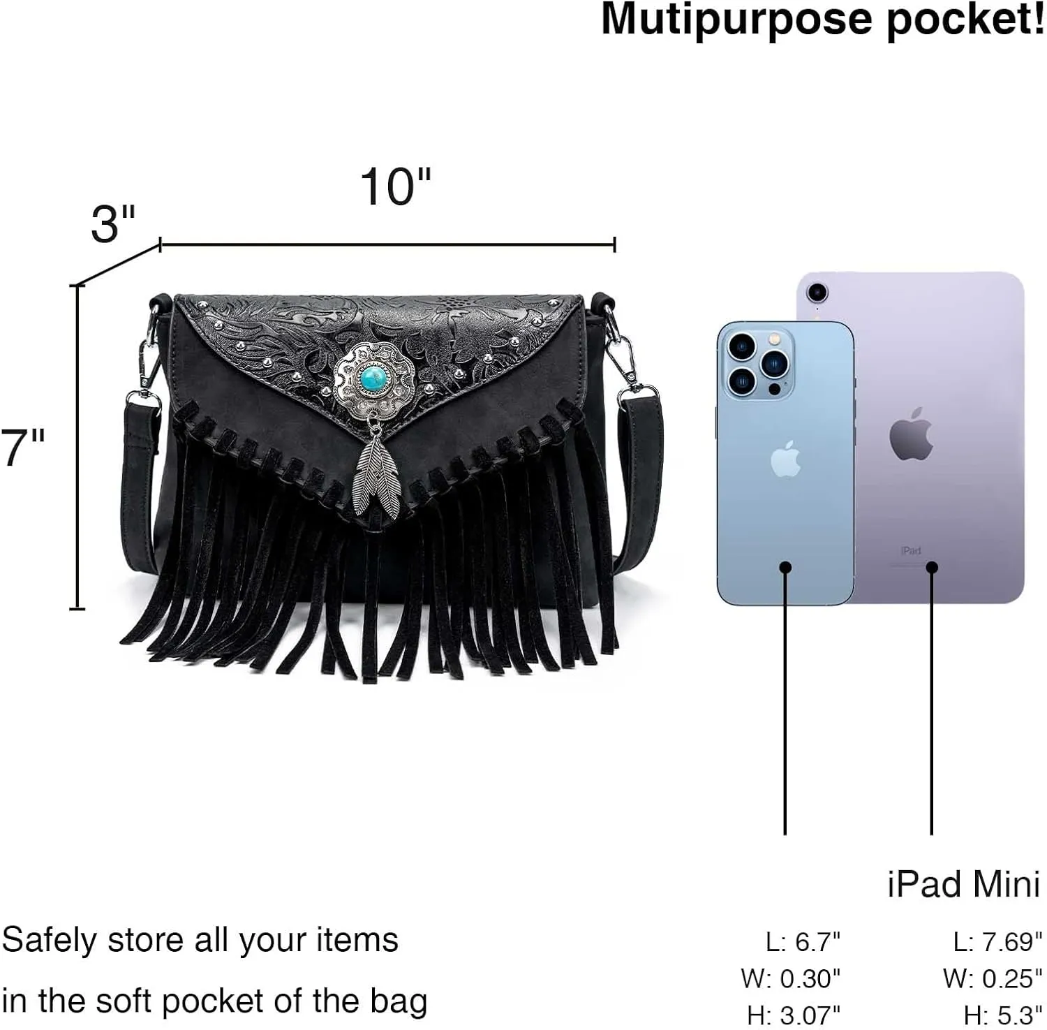 Small Crossbody Bags for Women Crossbody Handbag Fringe Purse Tassel Shoulder Bag Turquoise Concho Wallet
