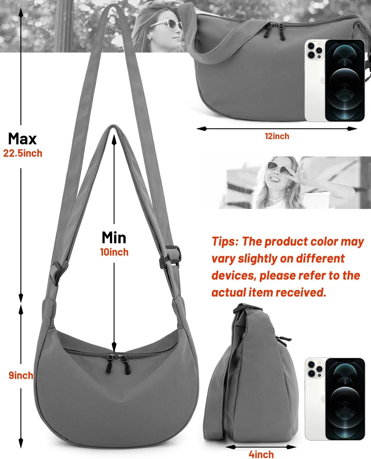 Small Sling Crossbody Bag for Women Men Trendy, Mini Crescent Bag with Adjustable Strap, 2 Zippers Lightweight Nylon Bag