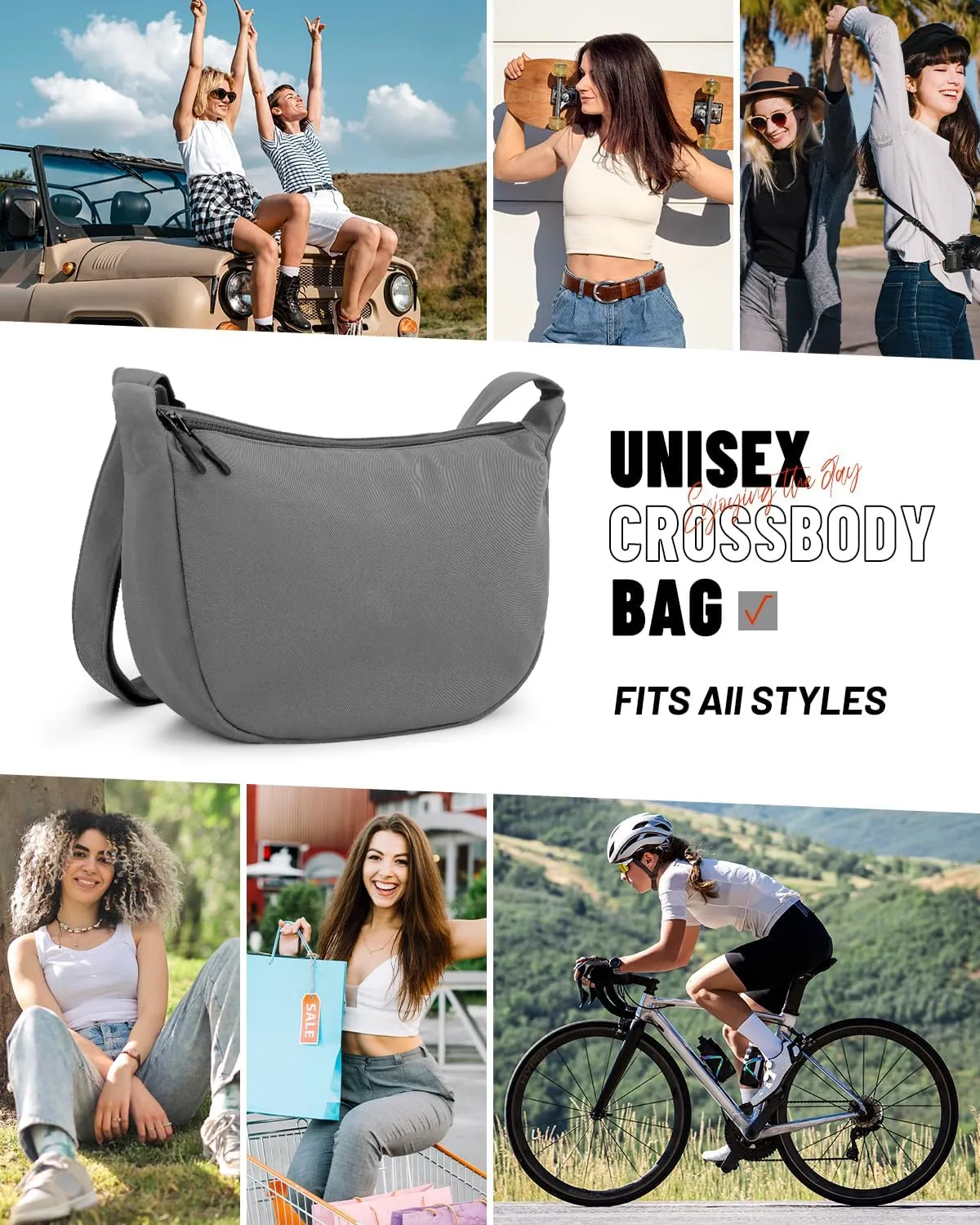 Small Sling Crossbody Bag for Women Men Trendy, Mini Crescent Bag with Adjustable Strap, 2 Zippers Lightweight Nylon Bag