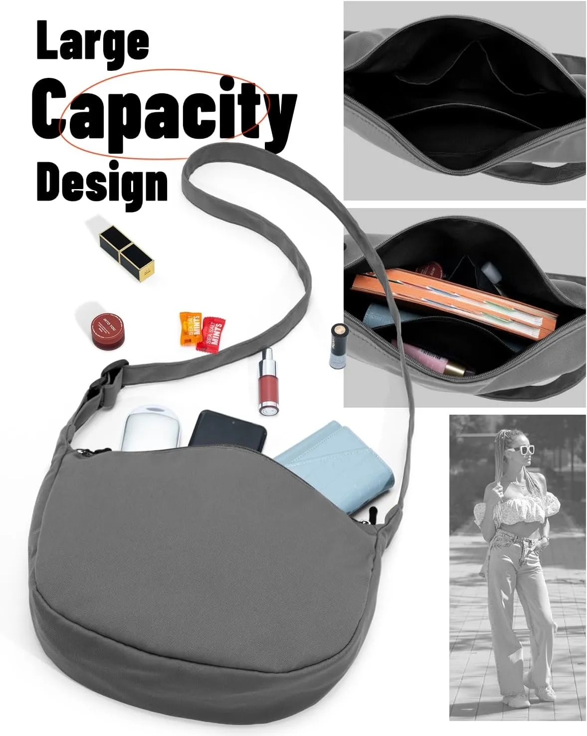 Small Sling Crossbody Bag for Women Men Trendy, Mini Crescent Bag with Adjustable Strap, 2 Zippers Lightweight Nylon Bag