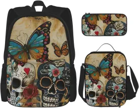 Sugar Skulls Butterfly Print Pencil Case Lightweight Casual Fashion Backpack Lunch Bag Large Capacity Travel Bag