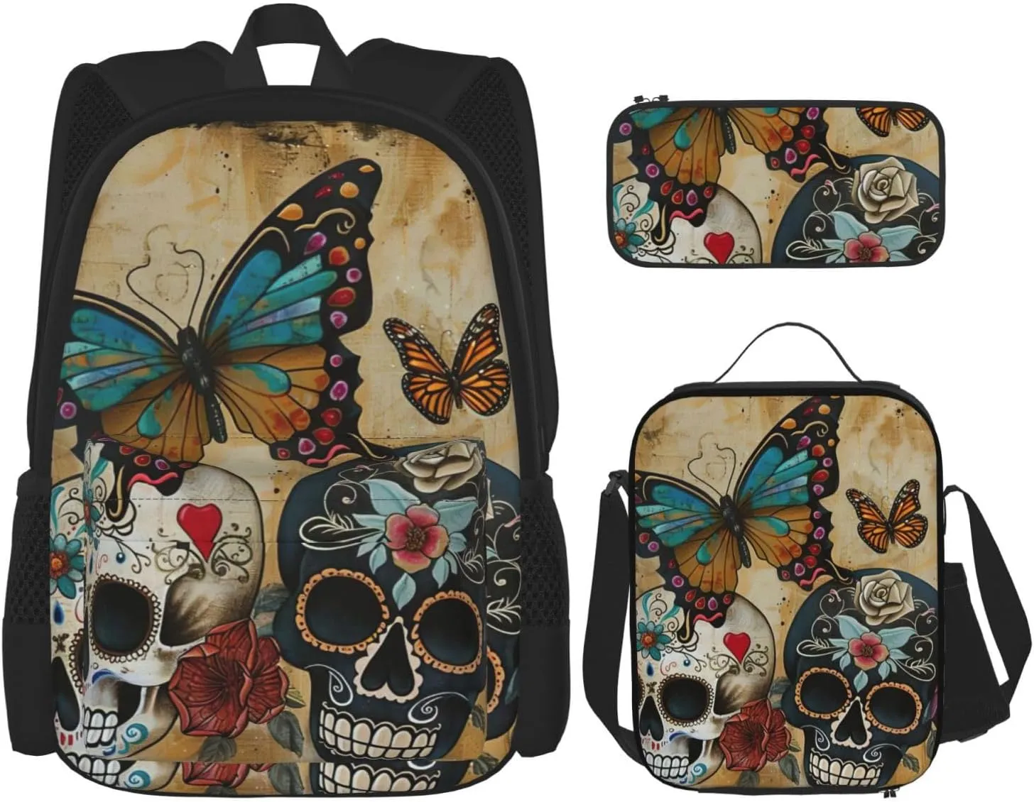 Sugar Skulls Butterfly Print Pencil Case Lightweight Casual Fashion Backpack Lunch Bag Large Capacity Travel Bag