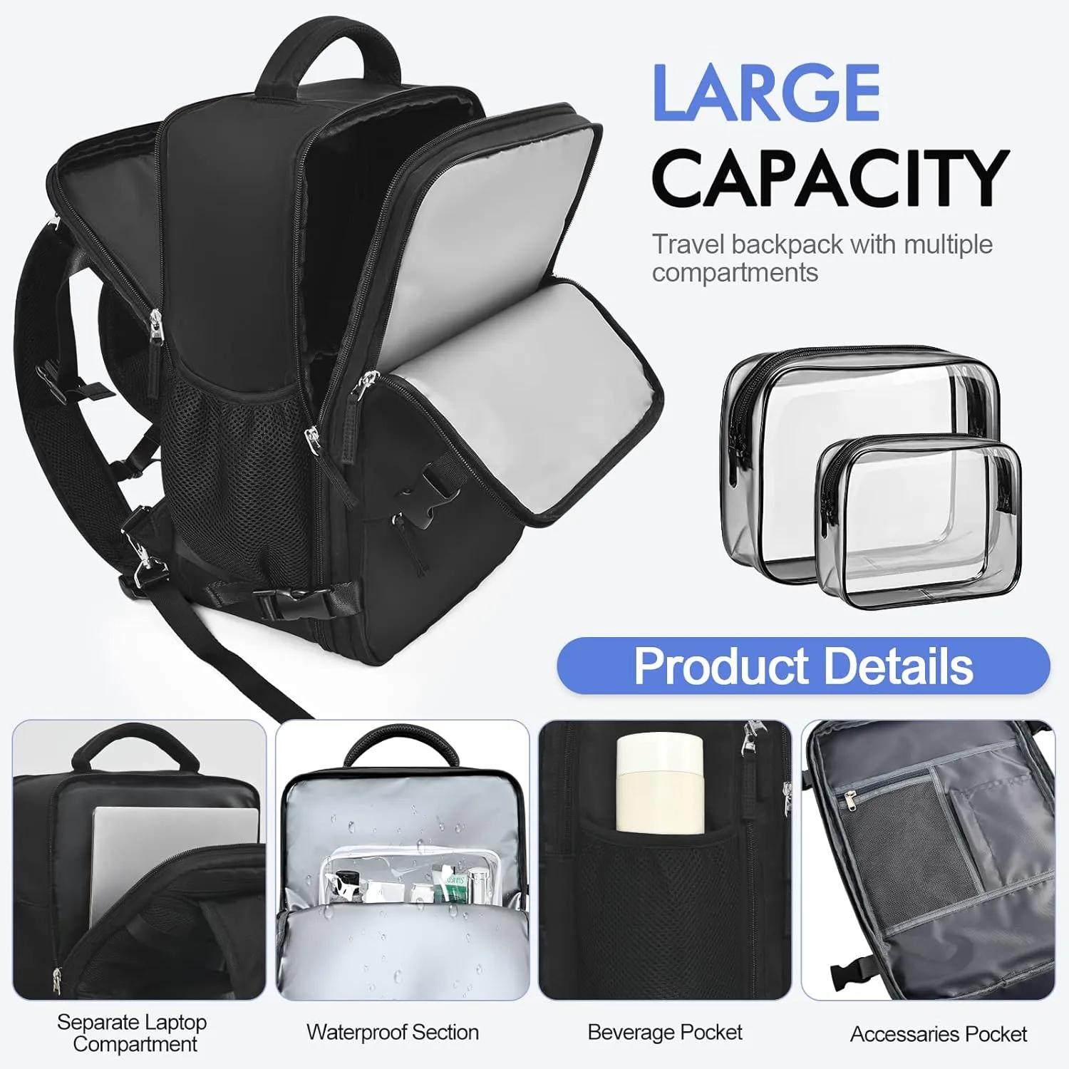 Travel Laptop Backpack Carry On Backpack for Men Women Flight Approved College School Computer Bag for Business Hiking Personal Item Backpack Fits 17.3 Inch Notebook Black