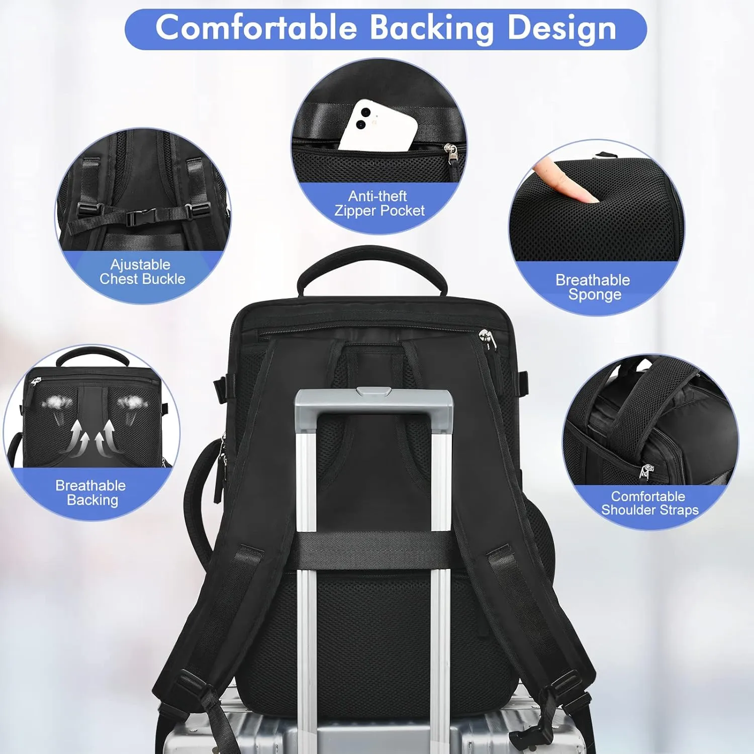 Travel Laptop Backpack Carry On Backpack for Men Women Flight Approved College School Computer Bag for Business Hiking Personal Item Backpack Fits 17.3 Inch Notebook Black