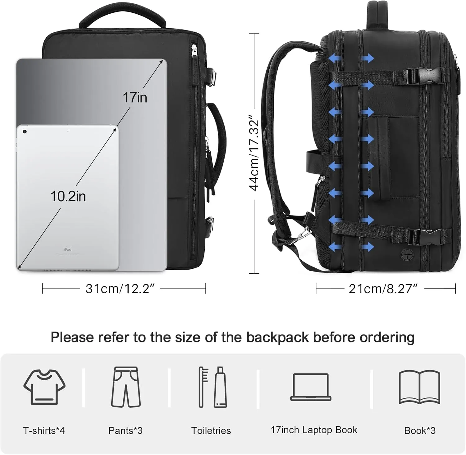 Travel Laptop Backpack Carry On Backpack for Men Women Flight Approved College School Computer Bag for Business Hiking Personal Item Backpack Fits 17.3 Inch Notebook Black