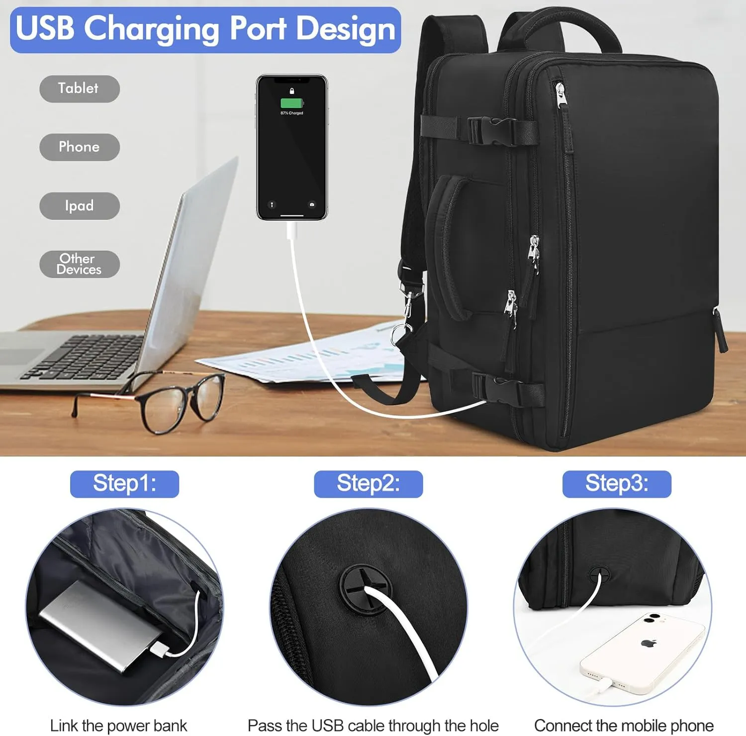 Travel Laptop Backpack Carry On Backpack for Men Women Flight Approved College School Computer Bag for Business Hiking Personal Item Backpack Fits 17.3 Inch Notebook Black