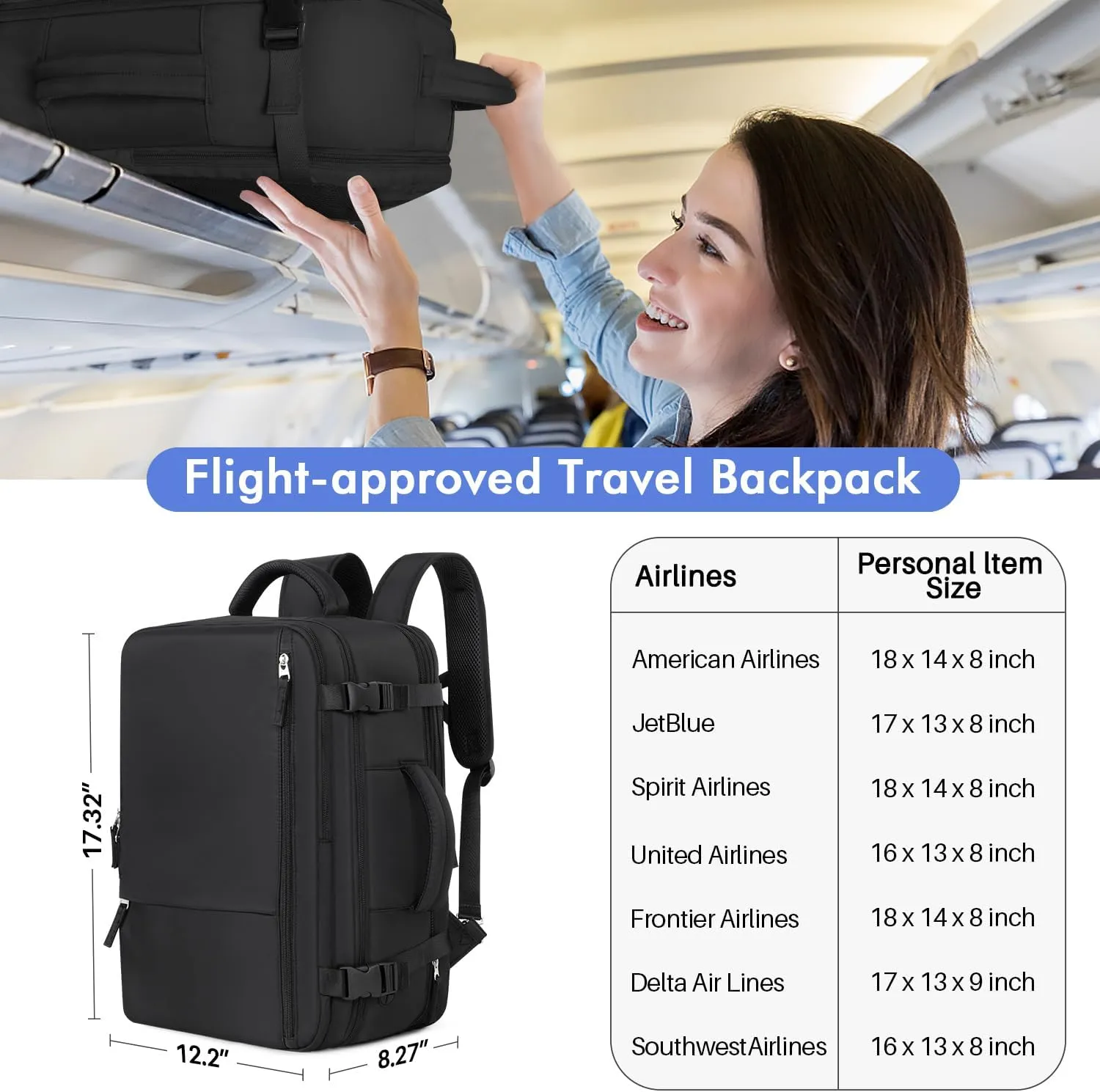 Travel Laptop Backpack Carry On Backpack for Men Women Flight Approved College School Computer Bag for Business Hiking Personal Item Backpack Fits 17.3 Inch Notebook Black