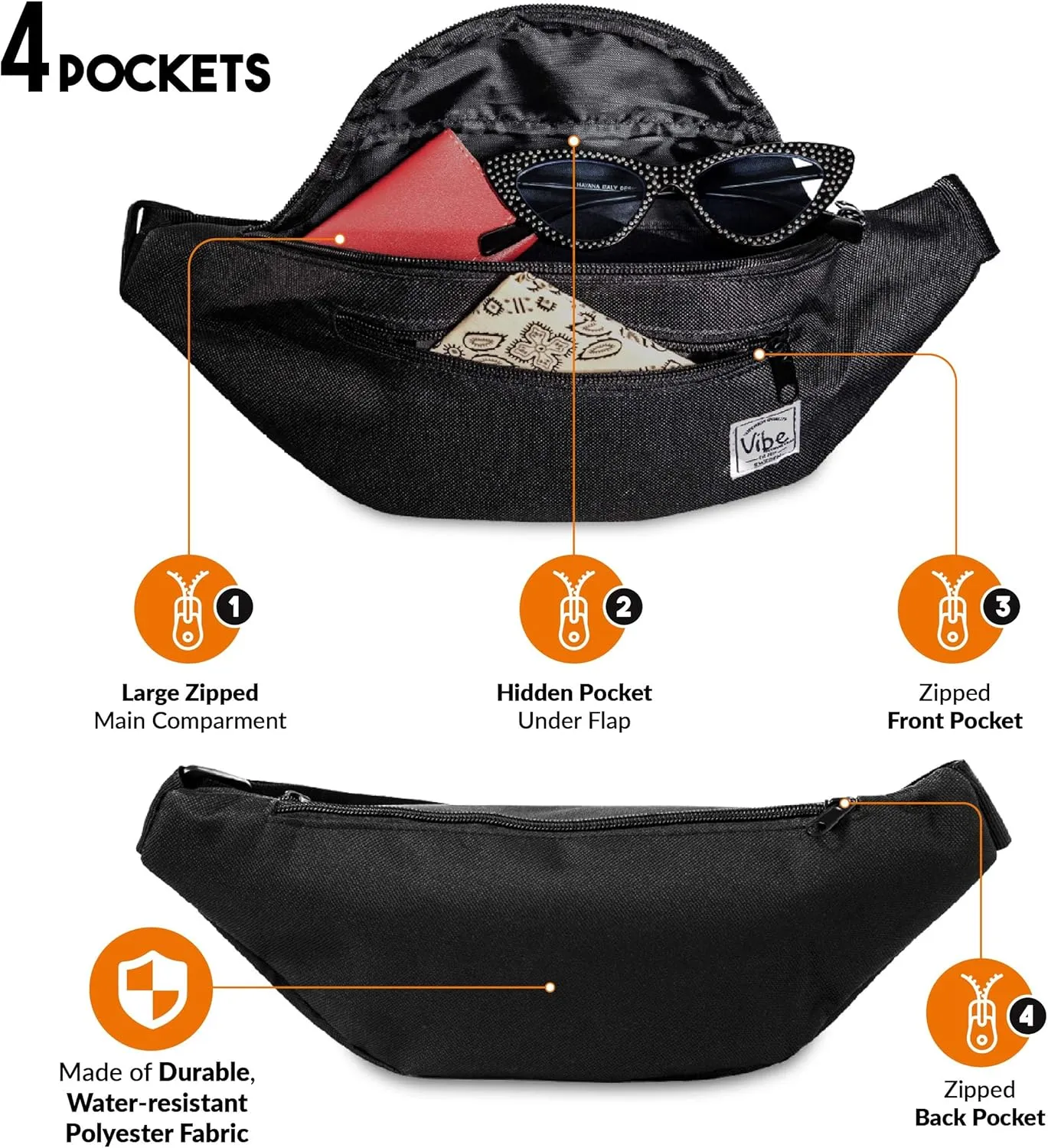 Vibe Festival Gear Fanny Pack for Men Women - Many Prints - Black Holographic Silver Gold Cute Waist Bag for Festival Rave Hiking Running Cycling