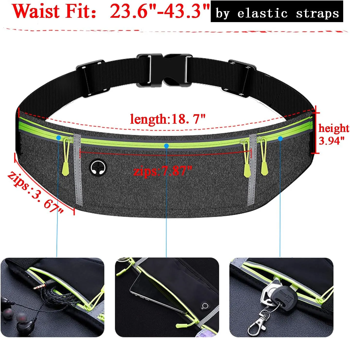 Waist pack sport running Belt Pack with adjustable Strap for running hiking travel outdoors sport (Grey, 3 Pockets)