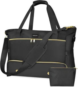 Weekender Overnight Bag for Women, Large Travel Duffel with Shoe Compartment, Wet Pocket, USB Charging Port, Carry-On Gym Tote Bag (Black)