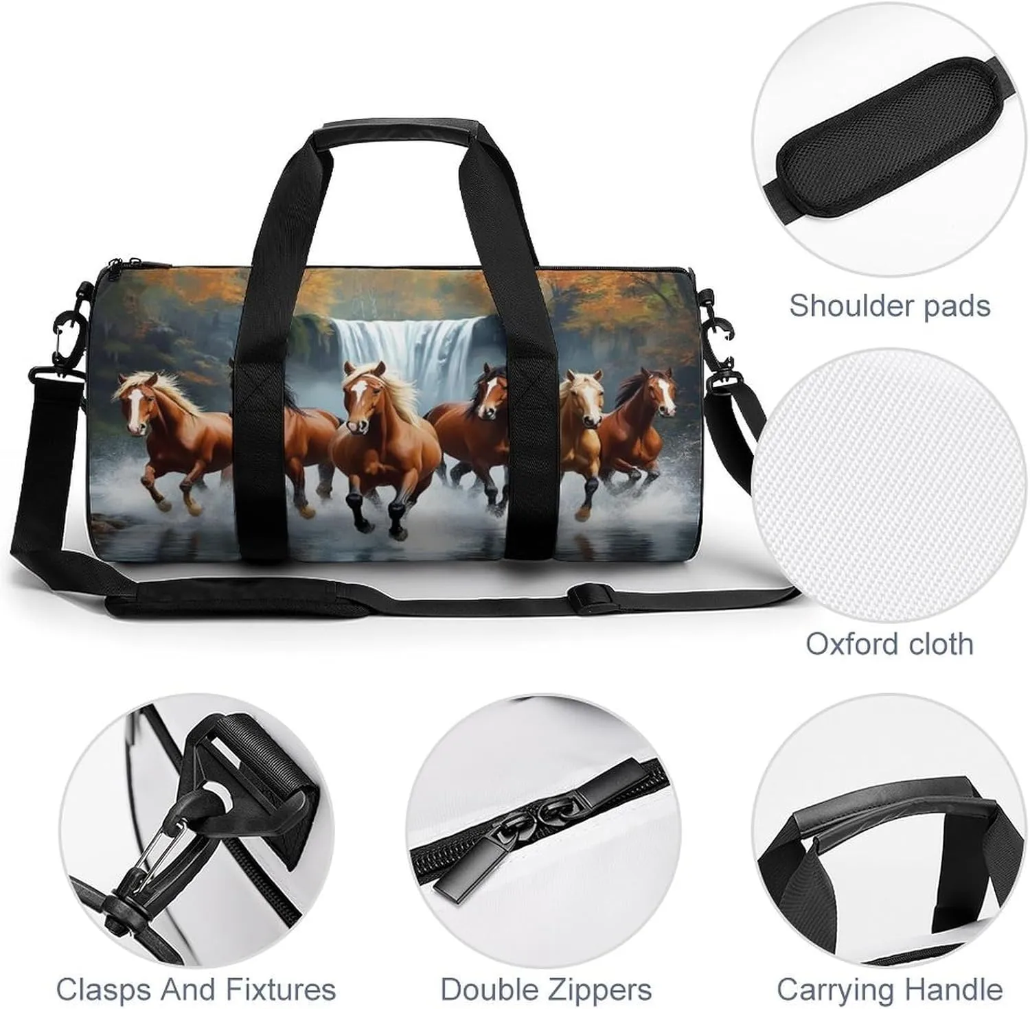Womens Sports Gym Tote Bag Waterproof Weekender Overnight Handbag Wild Animal Horses Running in River Water Horse Duffel Bag for Yoga Sport Travel