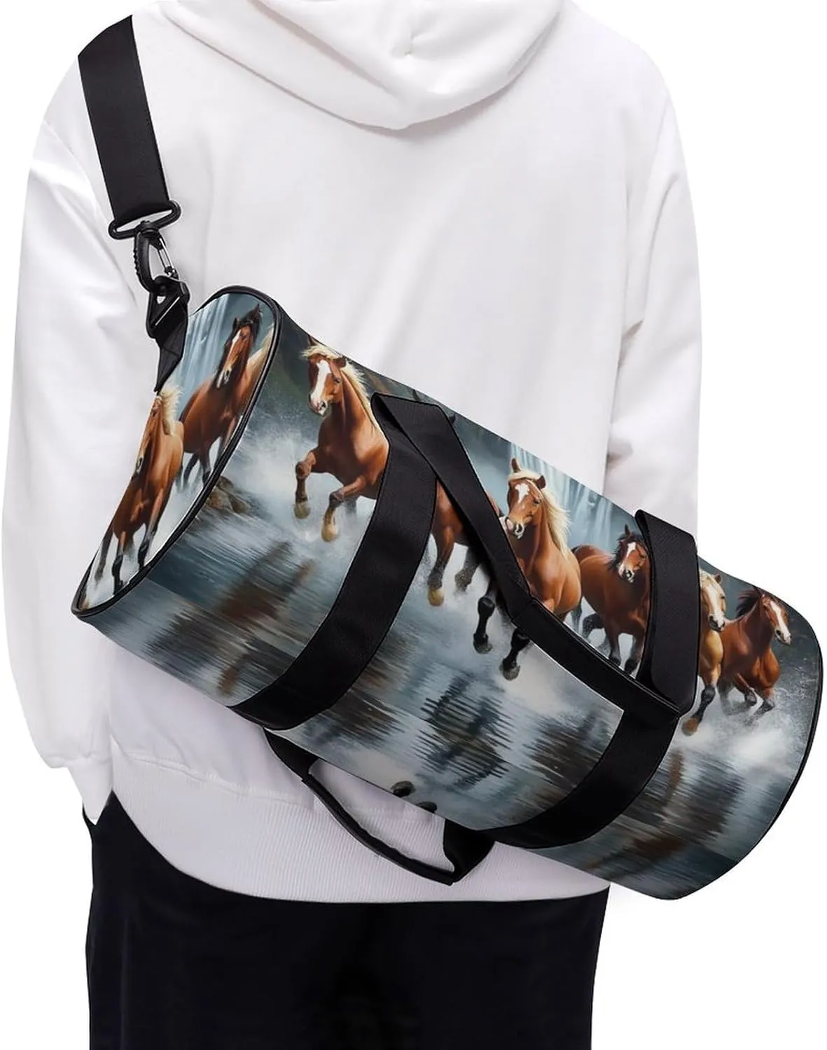 Womens Sports Gym Tote Bag Waterproof Weekender Overnight Handbag Wild Animal Horses Running in River Water Horse Duffel Bag for Yoga Sport Travel