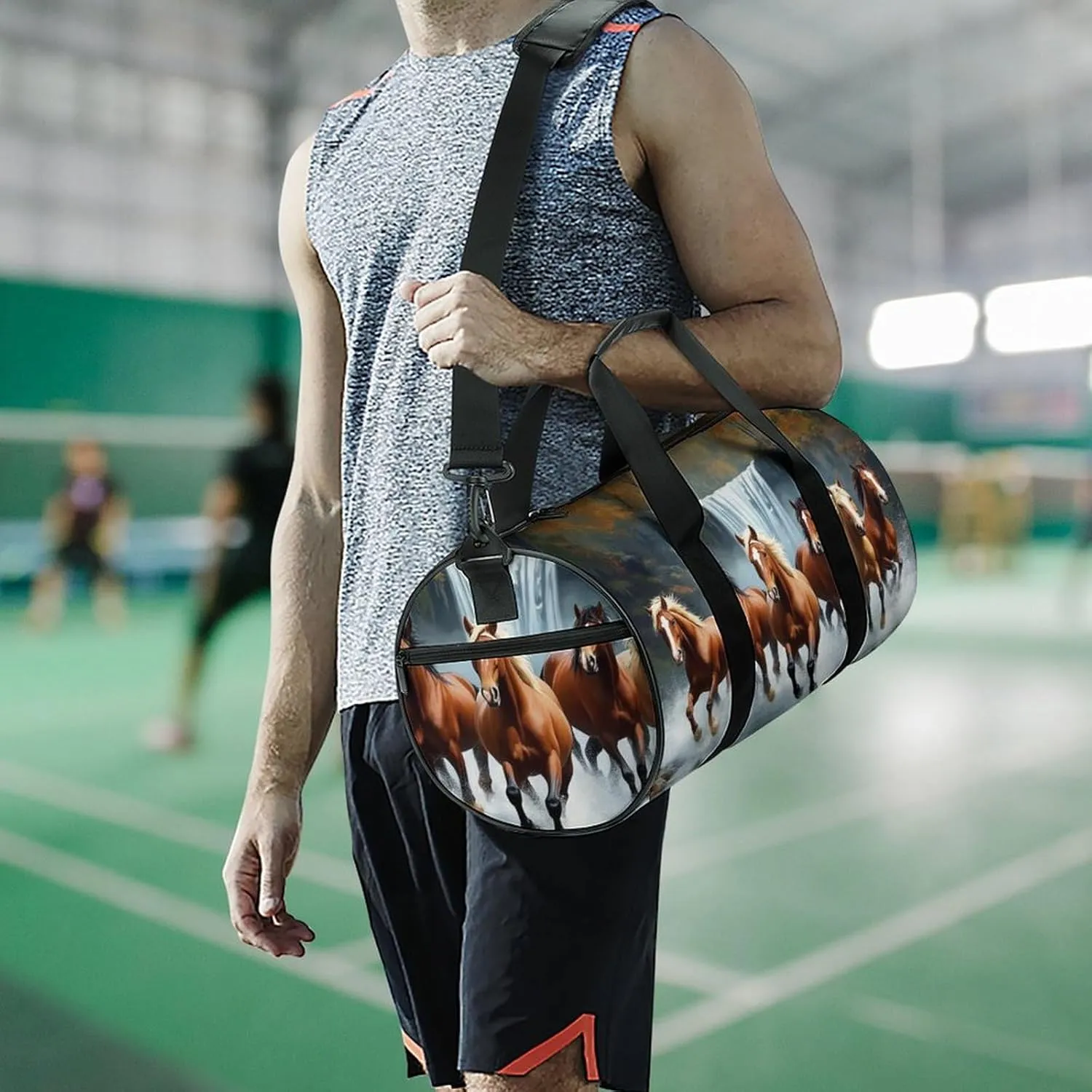 Womens Sports Gym Tote Bag Waterproof Weekender Overnight Handbag Wild Animal Horses Running in River Water Horse Duffel Bag for Yoga Sport Travel