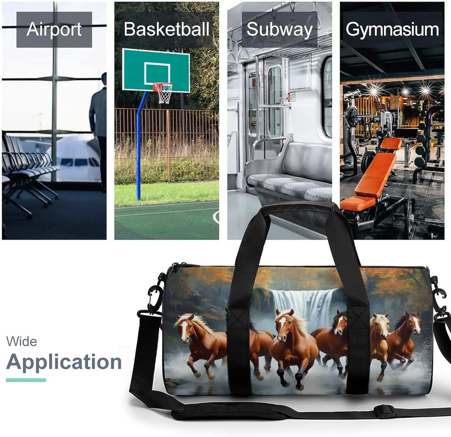Womens Sports Gym Tote Bag Waterproof Weekender Overnight Handbag Wild Animal Horses Running in River Water Horse Duffel Bag for Yoga Sport Travel