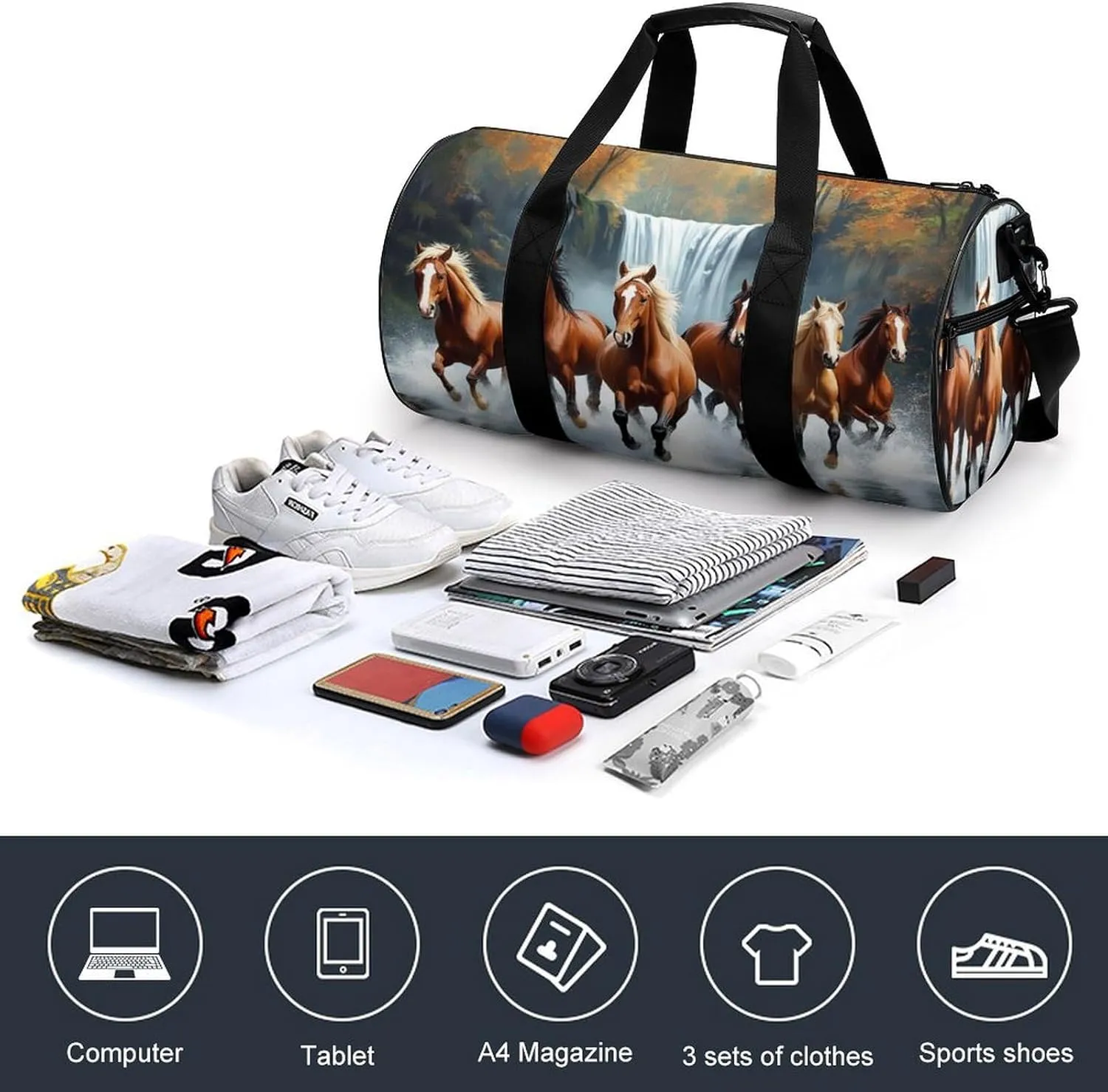 Womens Sports Gym Tote Bag Waterproof Weekender Overnight Handbag Wild Animal Horses Running in River Water Horse Duffel Bag for Yoga Sport Travel
