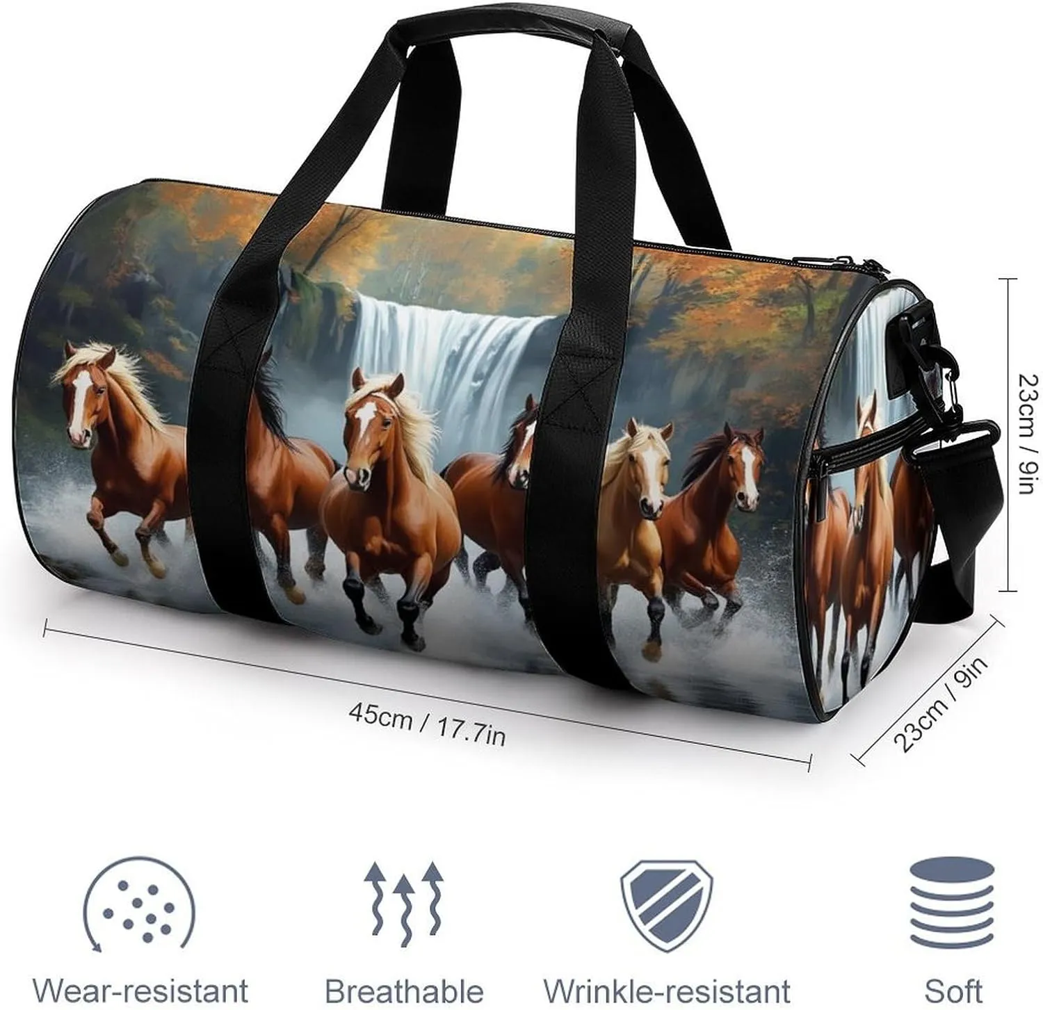 Womens Sports Gym Tote Bag Waterproof Weekender Overnight Handbag Wild Animal Horses Running in River Water Horse Duffel Bag for Yoga Sport Travel