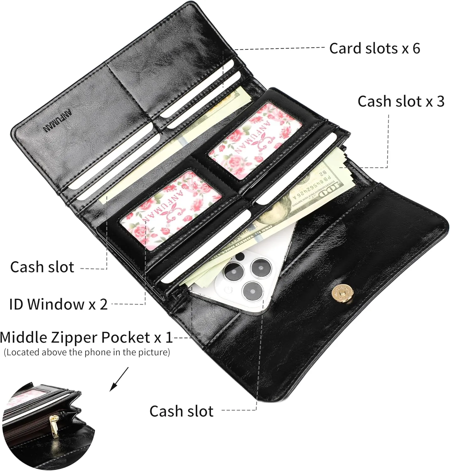 Womens Wallets RFID Blocking Leather Clutch Long Wallet for Women Card Holder Phone Organizer Ladies Travel Purses Black