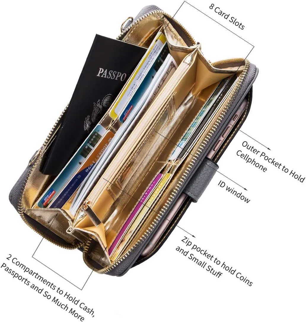 Womens Wristlet Wallet Crossbody Bag Cellphone Purse Handbag RFID Card Slots 2 Strap Wrist