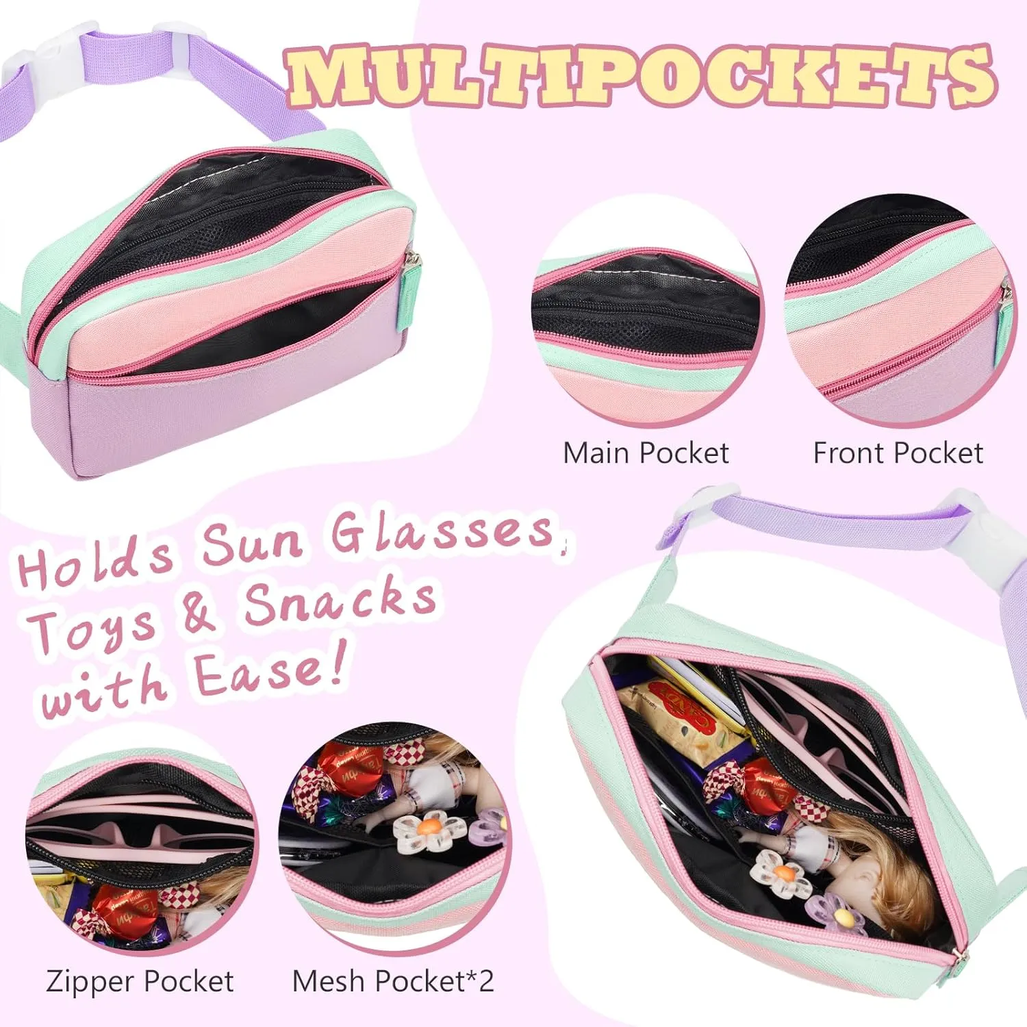 WOOMADA Fanny Pack, Crossbody Bag Waist Bag with Adjustable Waistband, Cute Belt Bag for Gifts(Turquoise&Purple)