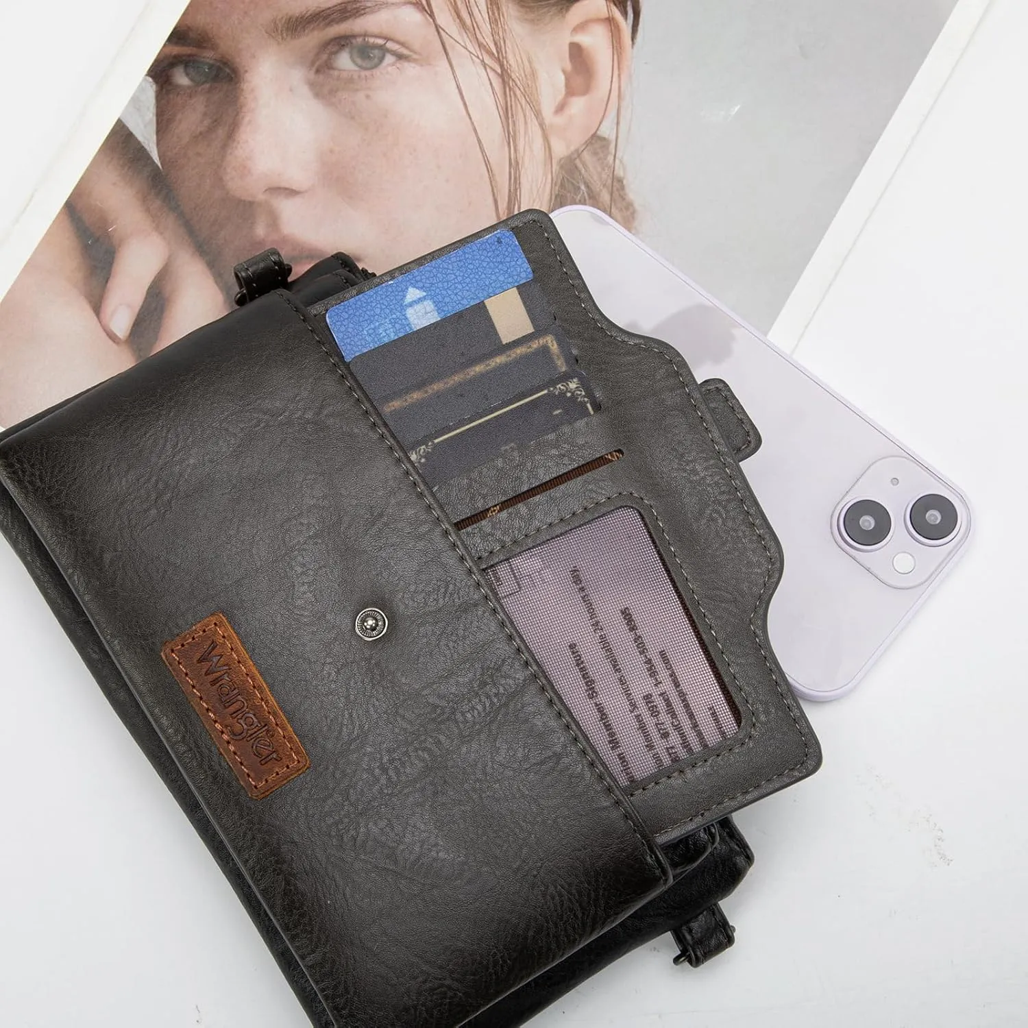 Wrangler Distressed Crossbody Purses for Women Multi-function Card Holder Wallet Small Purse with Double Zipper